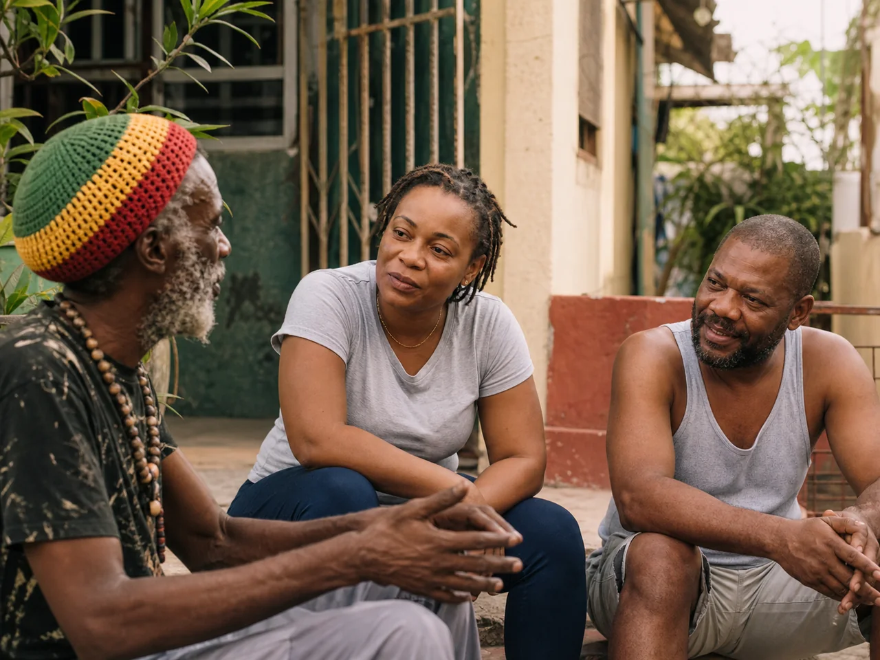 Three Jamaican adults sharing a conversation in a neighborhood courtyard