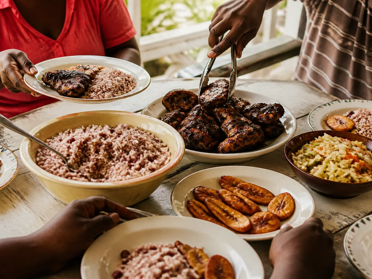 A Jamaican meal with jerk chicken, rice and peas, and plantain being shared